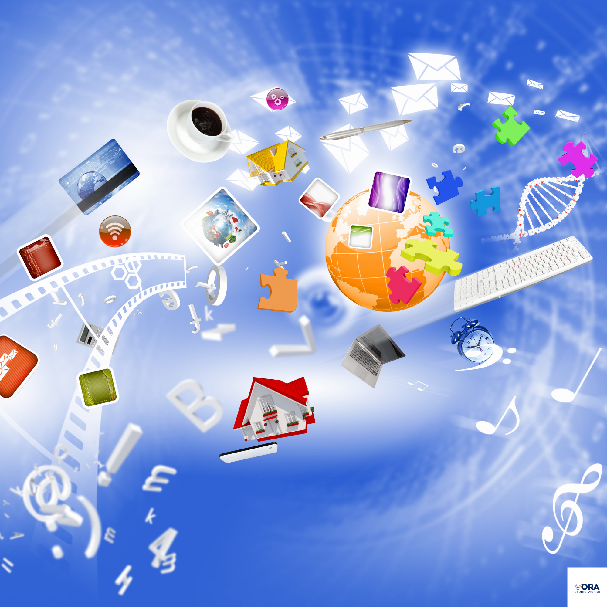 Vibrant digital connectivity illustration with globe, icons and puzzle pieces on a blue background