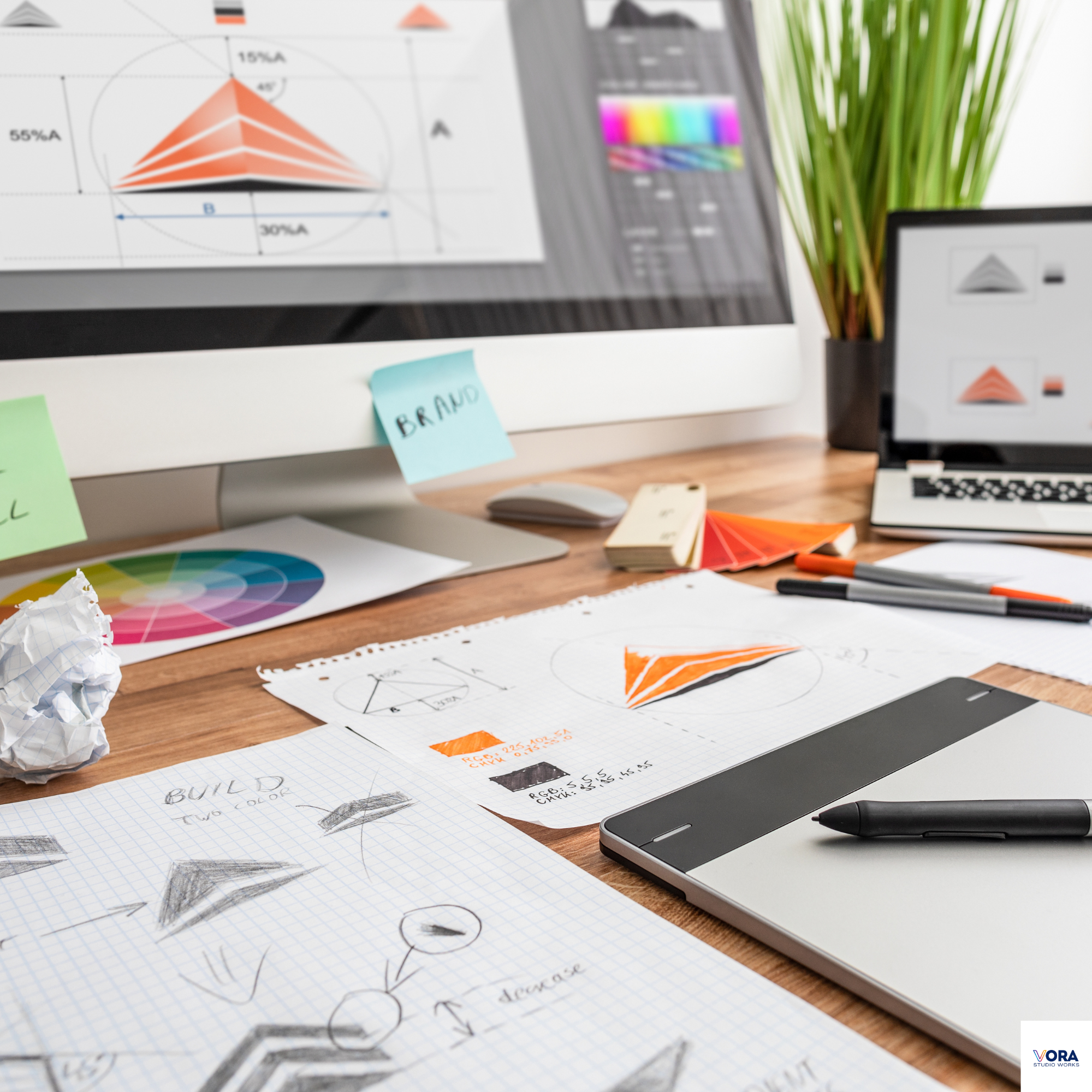 Design studio desk with sketches, colour wheels, monitors, and branding materials